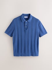 Blue Regular Fit Regular Fit Cotton Rich Pointelle Stripe Short Sleeve Knit Polo Shirt - Image 5 of 8