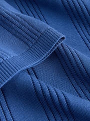 Blue Regular Fit Regular Fit Cotton Rich Pointelle Stripe Short Sleeve Knit Polo Shirt - Image 8 of 8