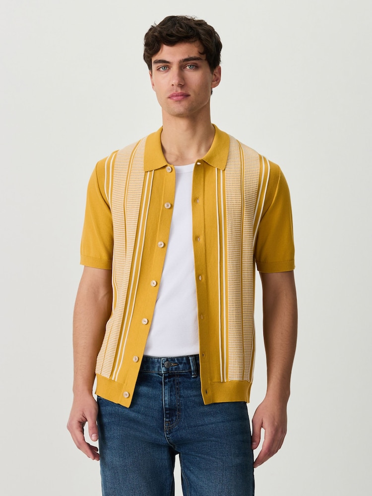 Mustard Yellow Regular Fit Stripe Short Sleeve Button Through Polo Shirt - Image 1 of 9