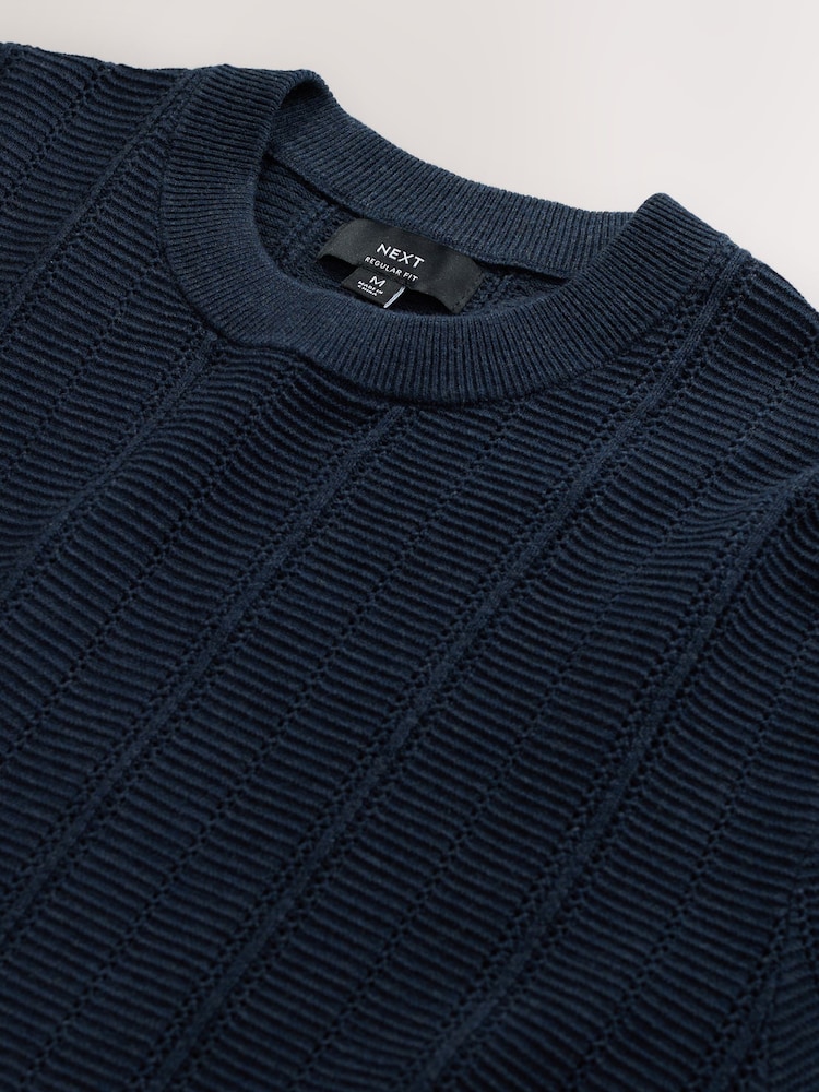 Navy Blue Regular Fit Ribbed Texture Knitted T-Shirt - Image 6 of 6