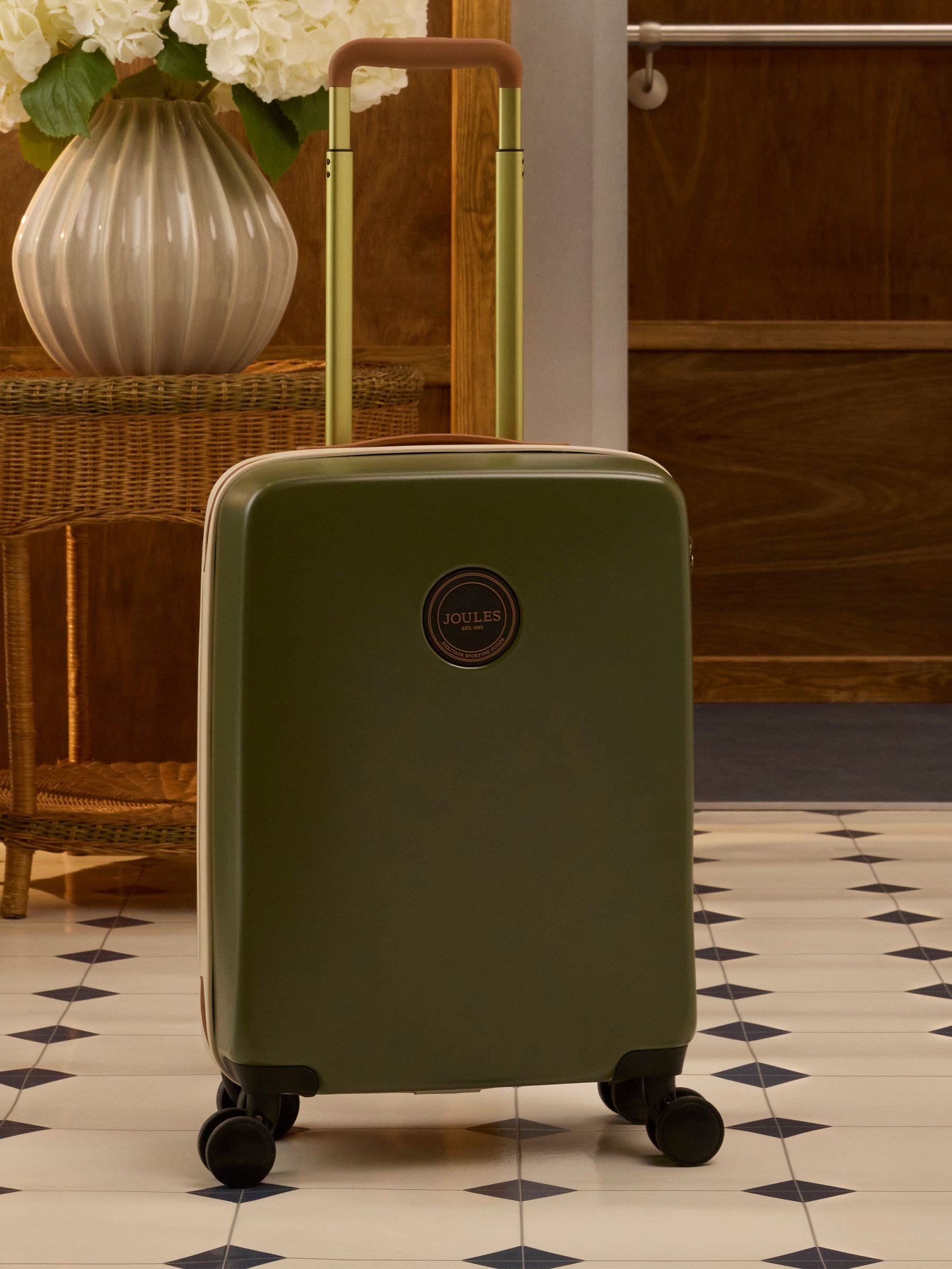 Joules Unisex Four Wheel Hard Shell Suitcase Olive And Tan Colourblock One