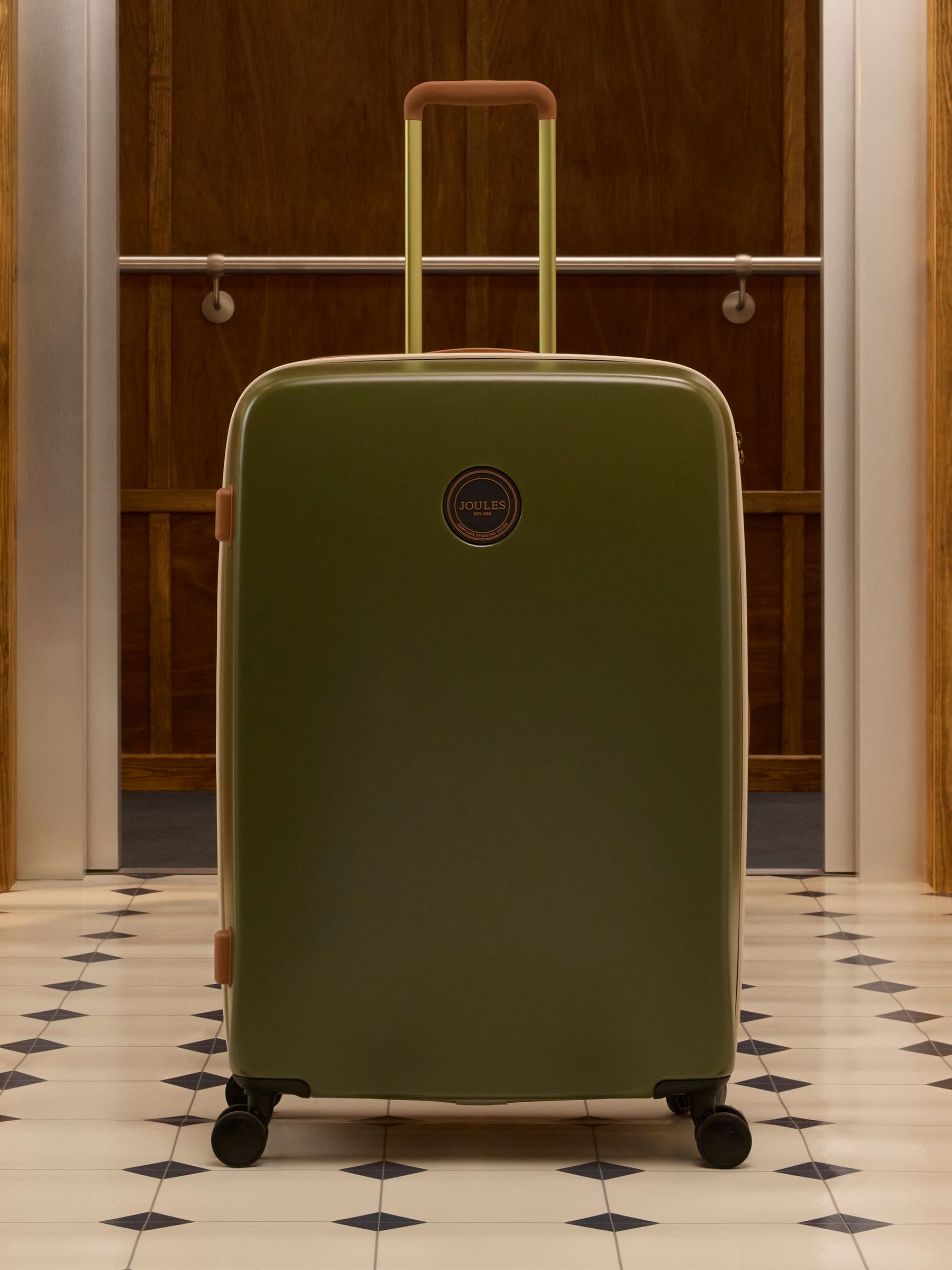 Joules Unisex Four Wheel Hard Shell Suitcase Olive And Tan Colourblock One
