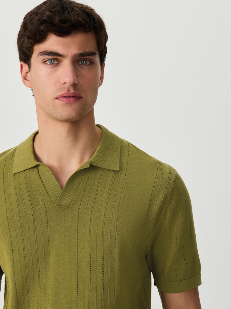 Green Regular Fit 100% Cotton Textured Knit Short Sleeve Trophy Polo Shirt - Image 1 of 8