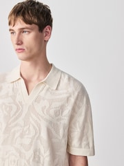 Ecru White Regular Fit Floral Pointelle Short Sleeve Trophy Neck Polo Shirt - Image 1 of 8