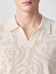 Ecru White Regular Fit Floral Pointelle Short Sleeve Trophy Neck Polo Shirt - Image 5 of 8