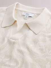 Ecru White Regular Fit Floral Pointelle Short Sleeve Trophy Neck Polo Shirt - Image 7 of 8