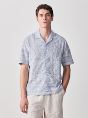 Blue Textured Chambre Embroidered Short Sleeve Shirt - Image 1 of 7