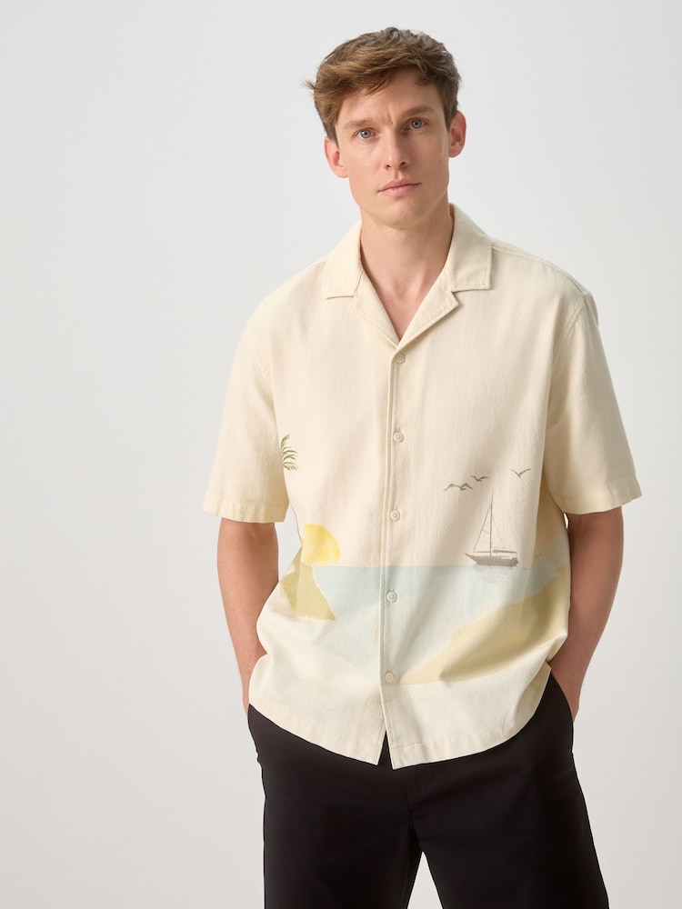 Ecru Beach Print Short Sleeve Shirt - Image 1 of 9