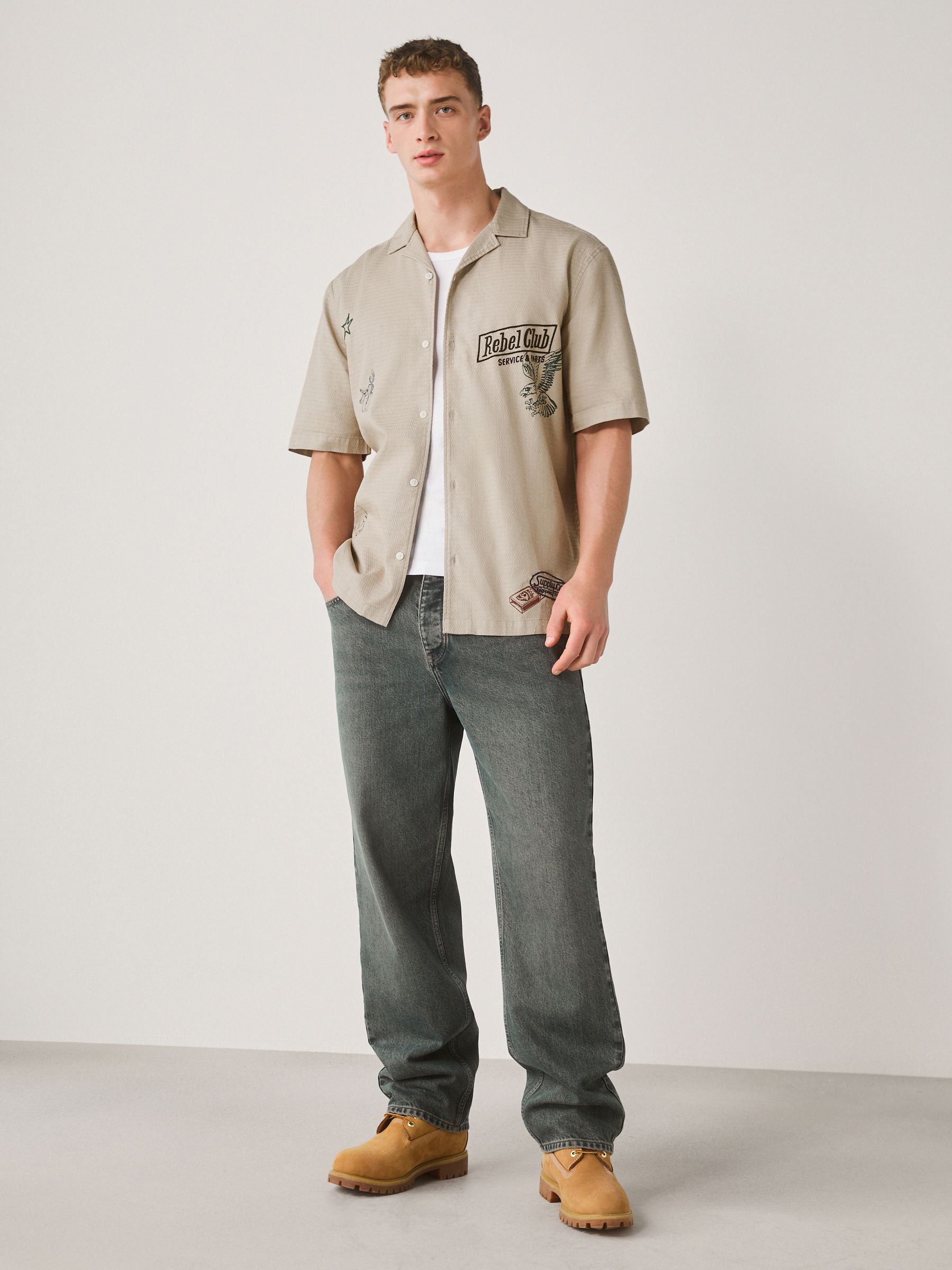 Buy Ecru Relaxed Fit Print Revere Collar Short Sleeve Shirt from