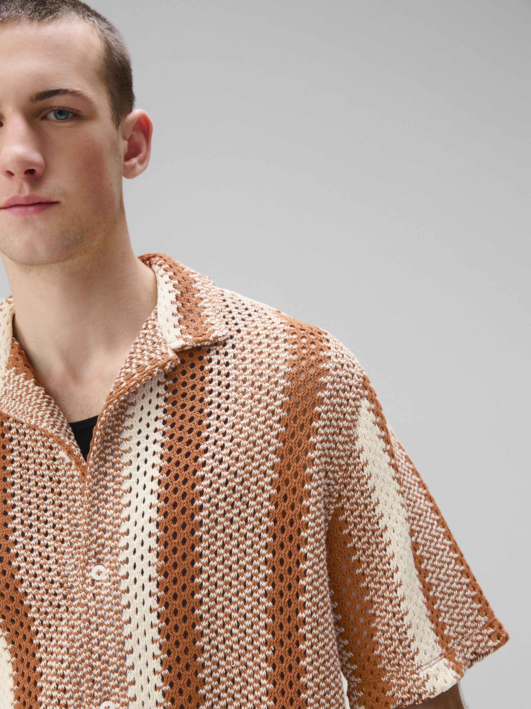 Buy Rust Brown - Relaxed Fit Stripe Crochet Revere Collar Short