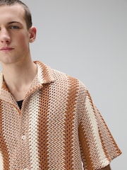 Rust Brown Stripe Crochet Short Sleeve Shirt - Image 1 of 8