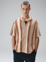 Rust Brown Stripe Crochet Short Sleeve Shirt - Image 2 of 8