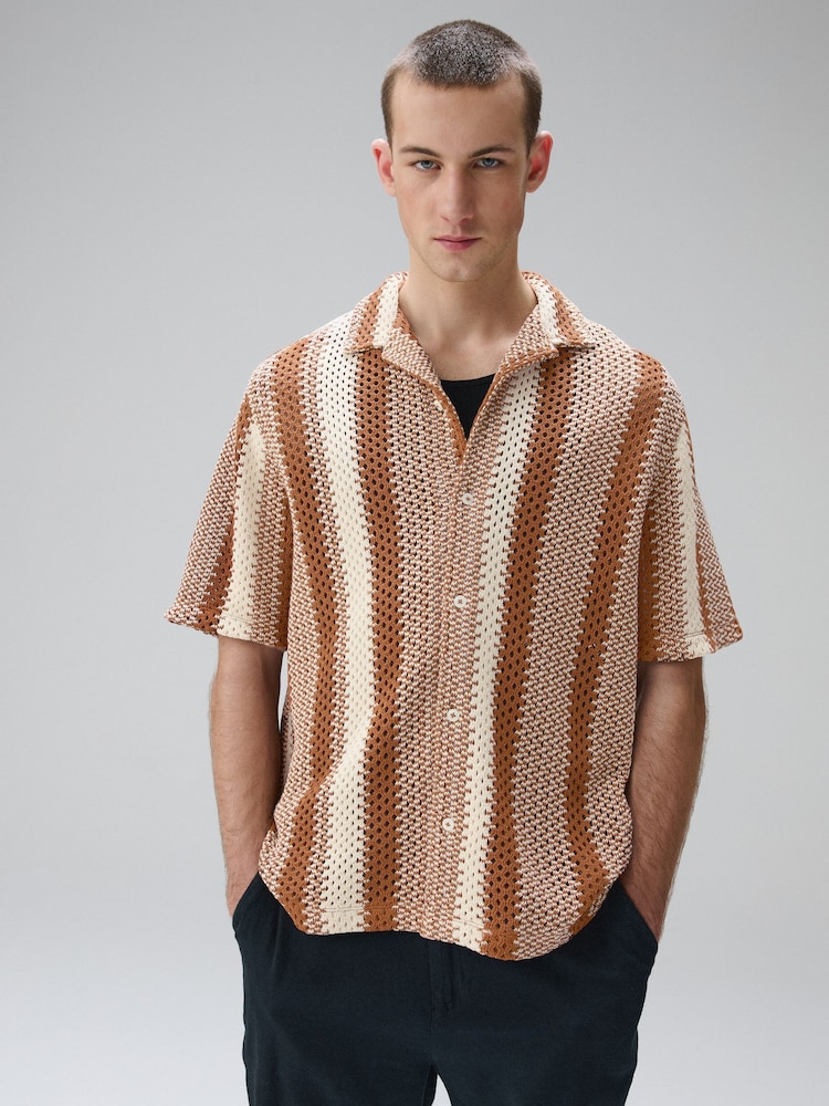 Rust Brown Stripe Crochet Short Sleeve Shirt - Image 2 of 8