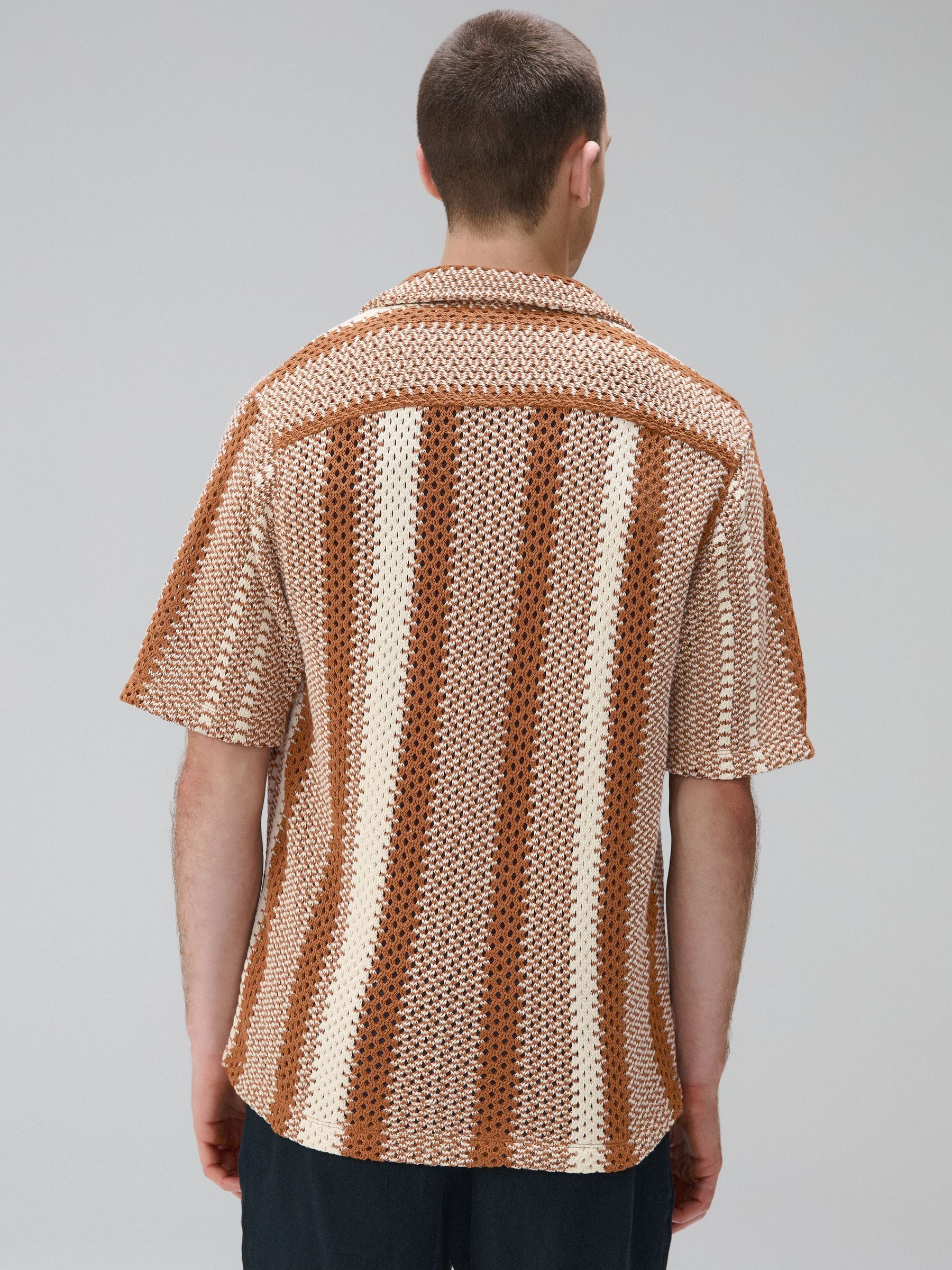 Buy Rust Brown Relaxed Fit Stripe Crochet Revere Collar Short