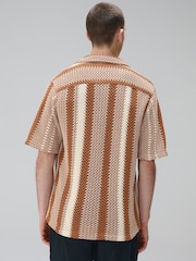 Rust Brown Stripe Crochet Short Sleeve Shirt - Image 3 of 8