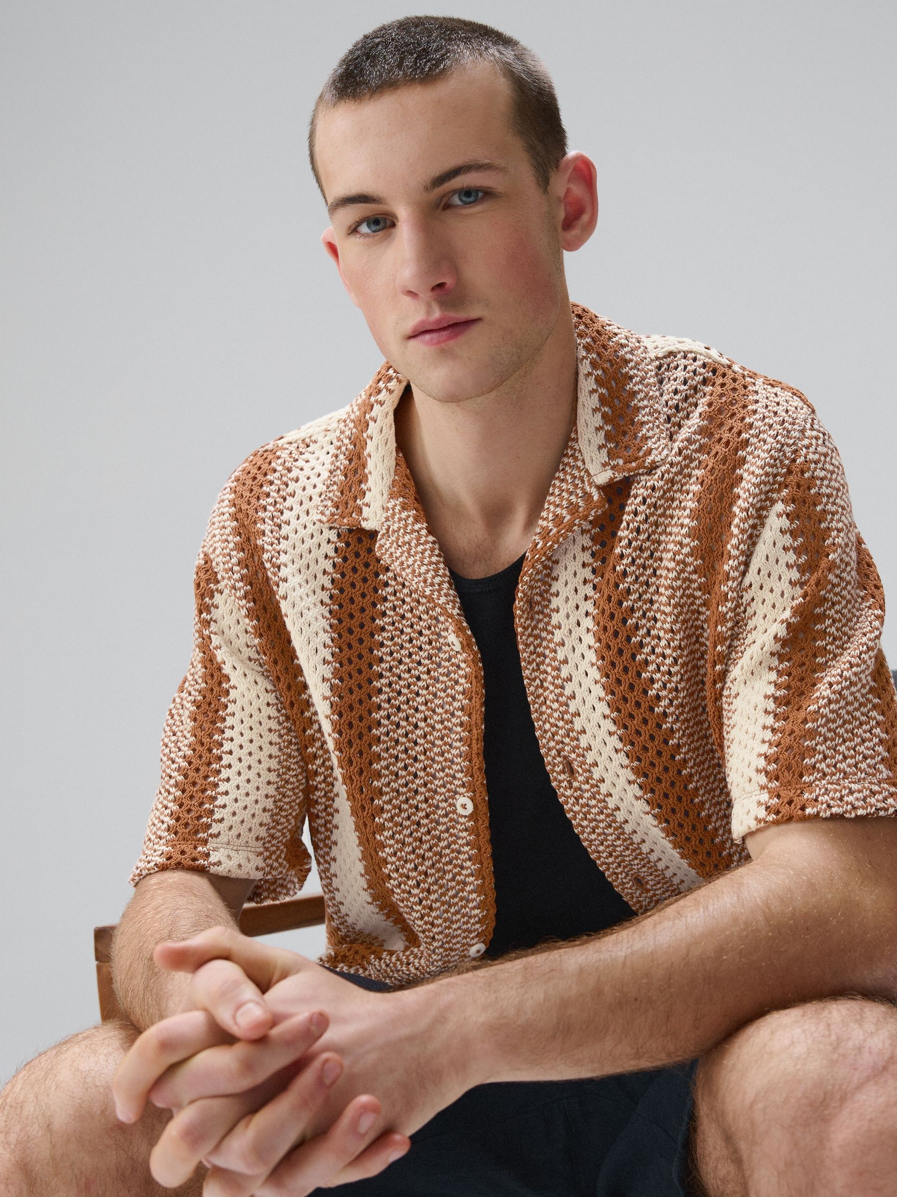 Buy Rust Brown Relaxed Fit Stripe Crochet Revere Collar Short