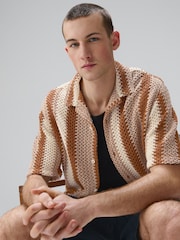 Rust Brown Stripe Crochet Short Sleeve Shirt - Image 5 of 8