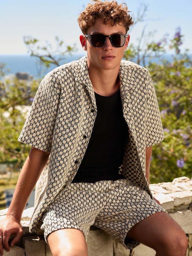 Black/White Textured Crochet Short Sleeve Shirt - Image 1 of 8 Black/White Textured Crochet Short Sleeve Shirt - Image 1 of 8