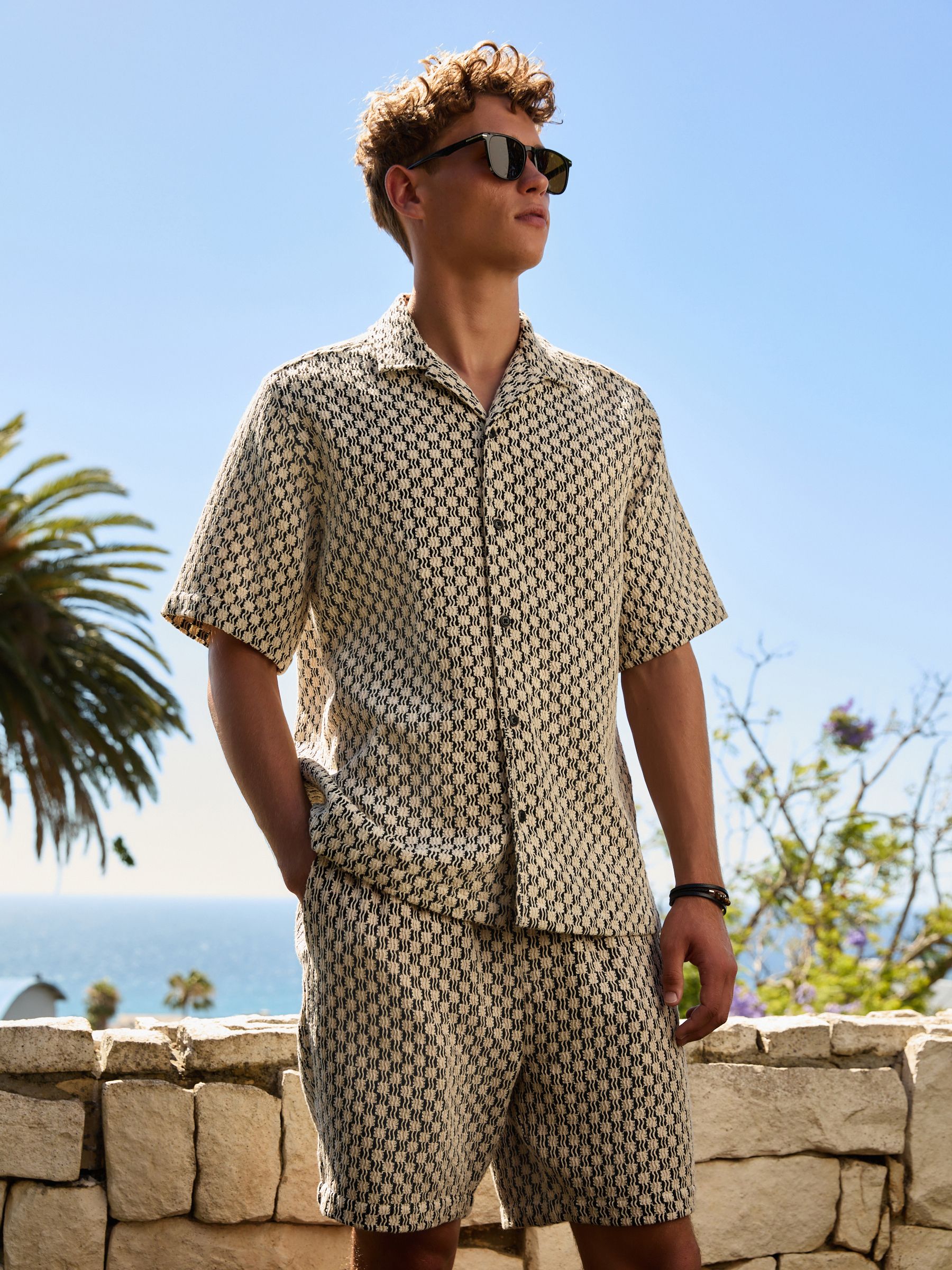 Buy Monochrome Relaxed Fit Stripe Crochet Revere Collar Short