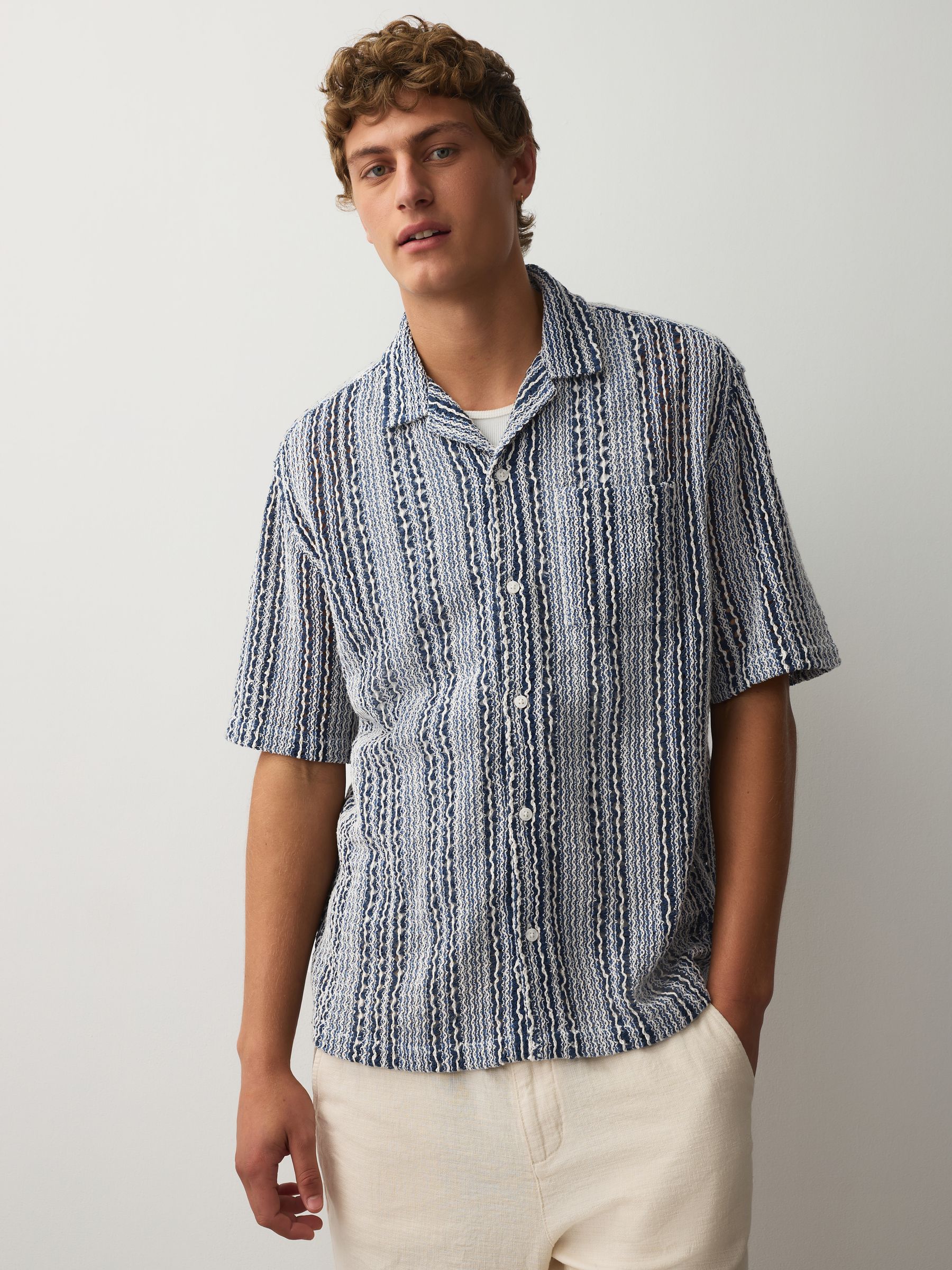 Buy Blue Relaxed Fit Stripe Crochet Revere Collar Short Sleeve