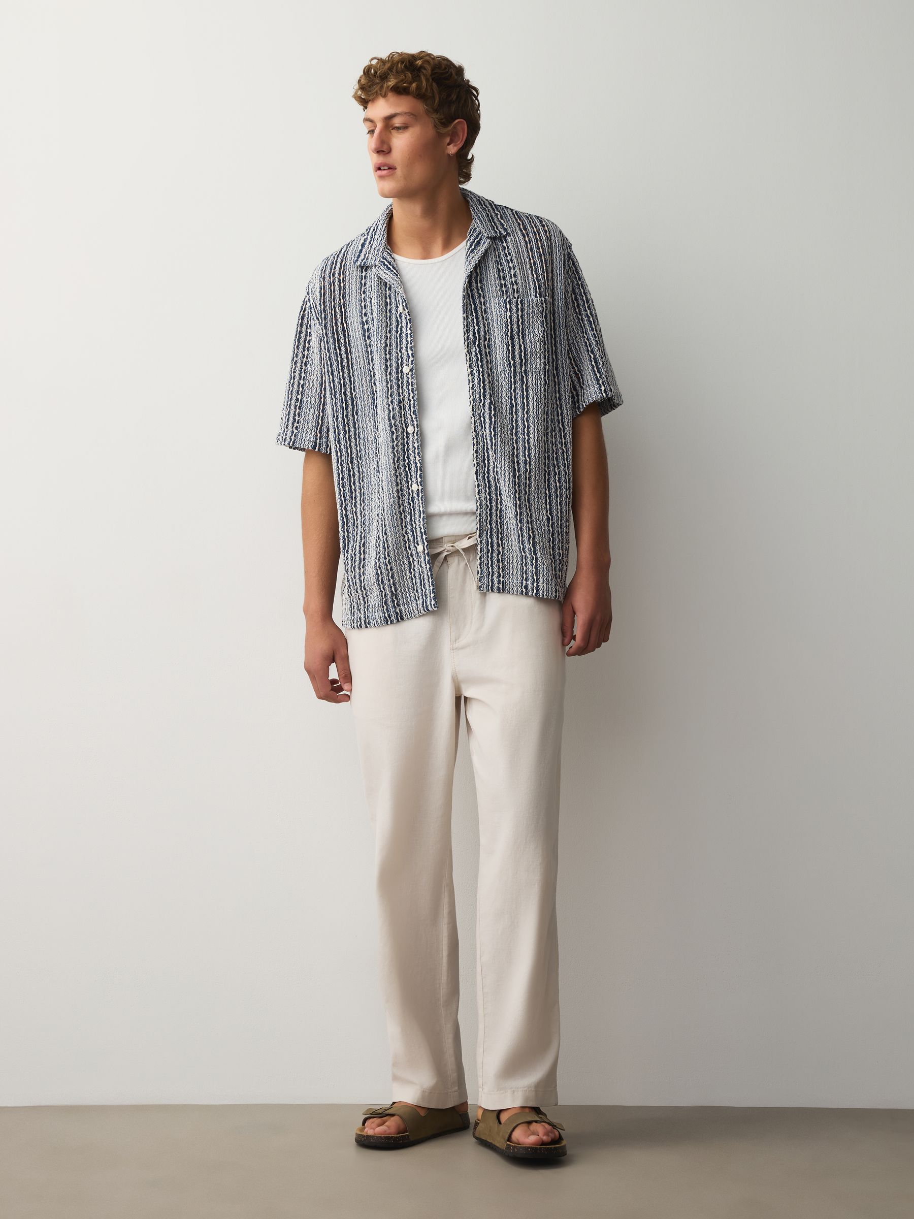 Buy Blue Relaxed Fit Stripe Crochet Revere Collar Short Sleeve