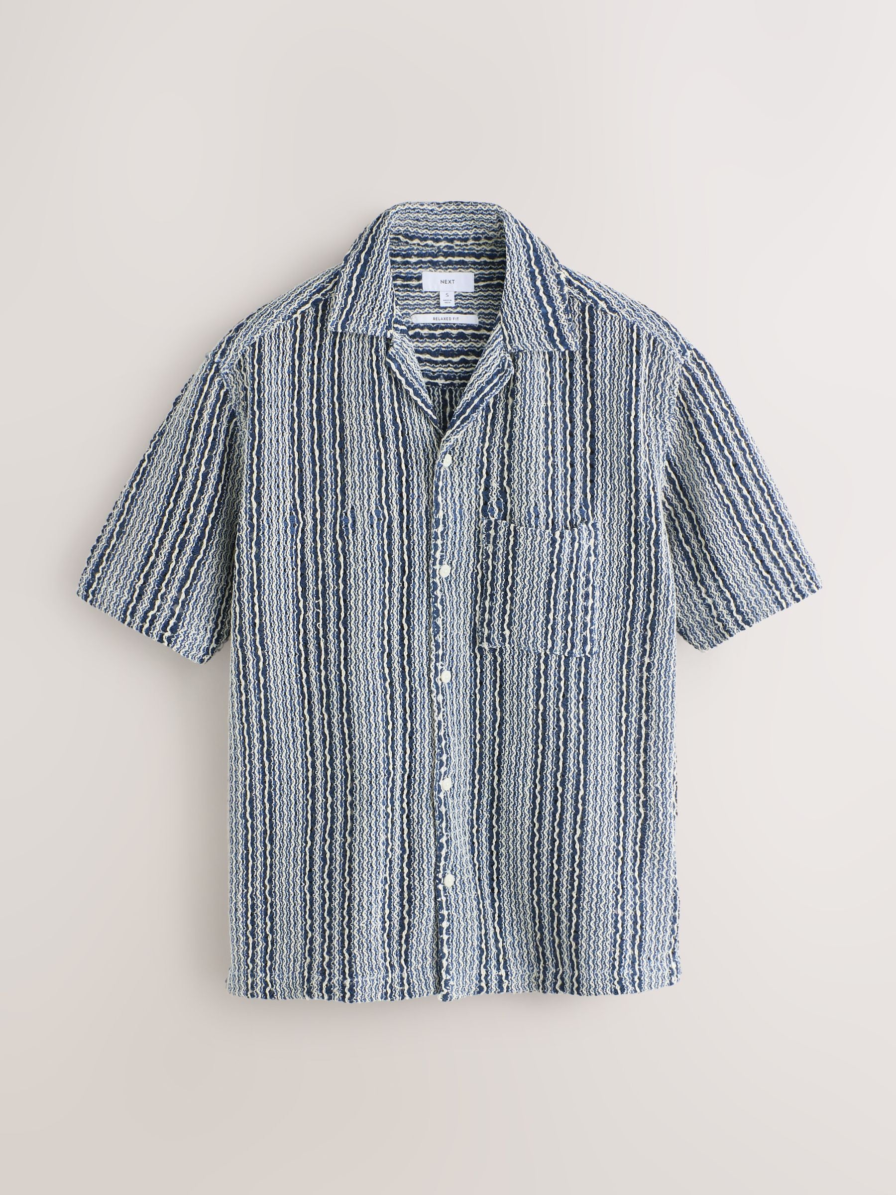 【Me roir】STRIPE OVER SHIRT Buy Blue Relaxed Fit Stripe Crochet Revere Collar Short Sleeve