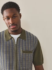Khaki Green Regular Fit Textured Stripe Short Sleeve Zip Through Knitted Polo Shirt - Image 1 of 7
