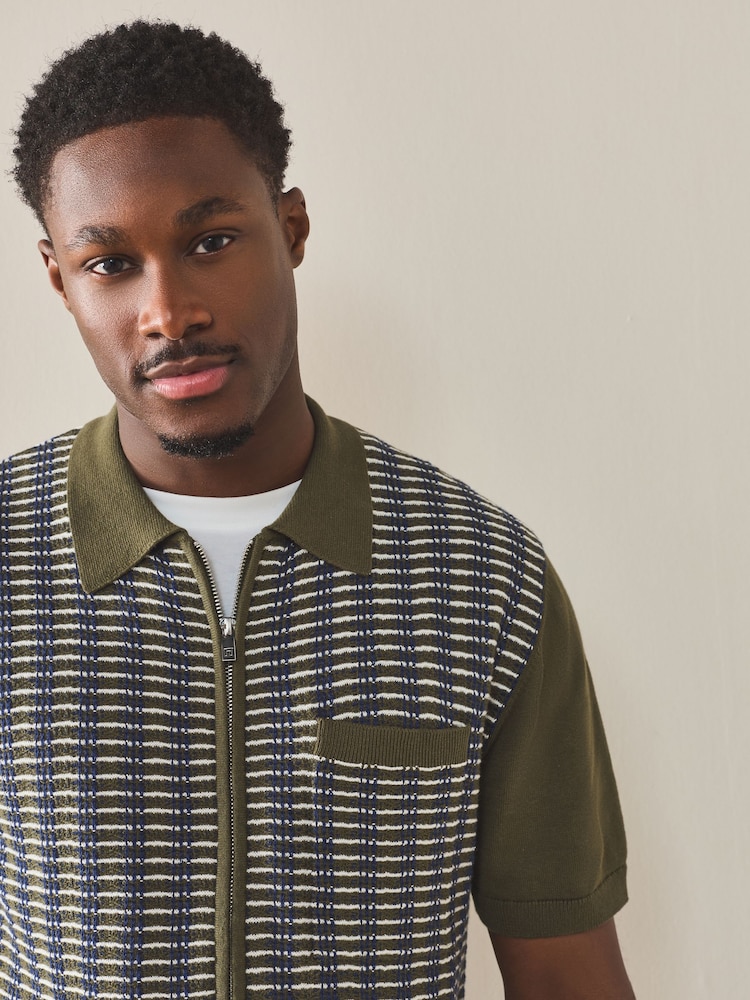 Khaki Green Regular Fit Textured Stripe Short Sleeve Zip Through Knitted Polo Shirt - Image 1 of 7