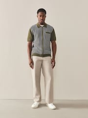 Khaki Green Regular Fit Textured Stripe Short Sleeve Zip Through Knitted Polo Shirt - Image 2 of 7