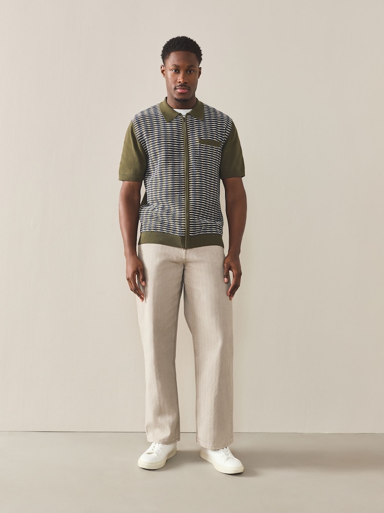 Khaki Green Regular Fit Textured Stripe Short Sleeve Zip Through Knitted Polo Shirt - Image 2 of 7