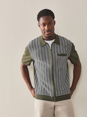 Khaki Green Regular Fit Textured Stripe Short Sleeve Zip Through Knitted Polo Shirt - Image 3 of 7