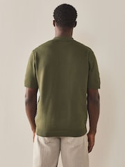 Khaki Green Regular Fit Textured Stripe Short Sleeve Zip Through Knitted Polo Shirt - Image 4 of 7