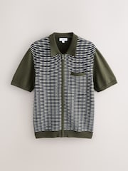 Khaki Green Regular Fit Textured Stripe Short Sleeve Zip Through Knitted Polo Shirt - Image 5 of 7