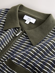 Khaki Green Regular Fit Textured Stripe Short Sleeve Zip Through Knitted Polo Shirt - Image 7 of 7