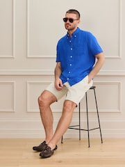 Blue Short Sleeve Signature 100% Linen Shirt - Image 4 of 9
