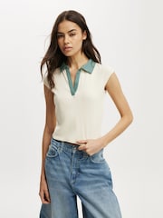Cotton On Cream Alice Deep V Polo Top - Image 1 of 4