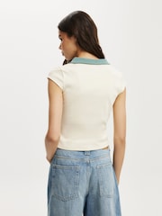Cotton On Cream Alice Deep V Polo Top - Image 2 of 4