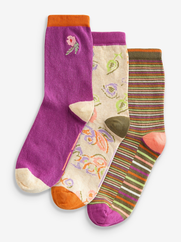 White Stuff Purple Floral Print Ankle Socks 3 Pack - Image 1 of 4 White Stuff Purple Floral Print Ankle Socks 3 Pack - Image 1 of 4