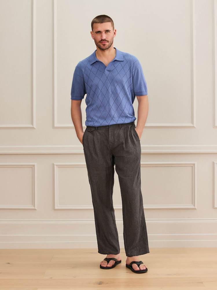 Brown Relaxed Tapered Fit Signature Heritage 100% Linen Dogtooth Twin Pleat Trousers - Image 2 of 11