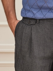 Brown Relaxed Tapered Fit Signature Heritage 100% Linen Dogtooth Twin Pleat Trousers - Image 6 of 11