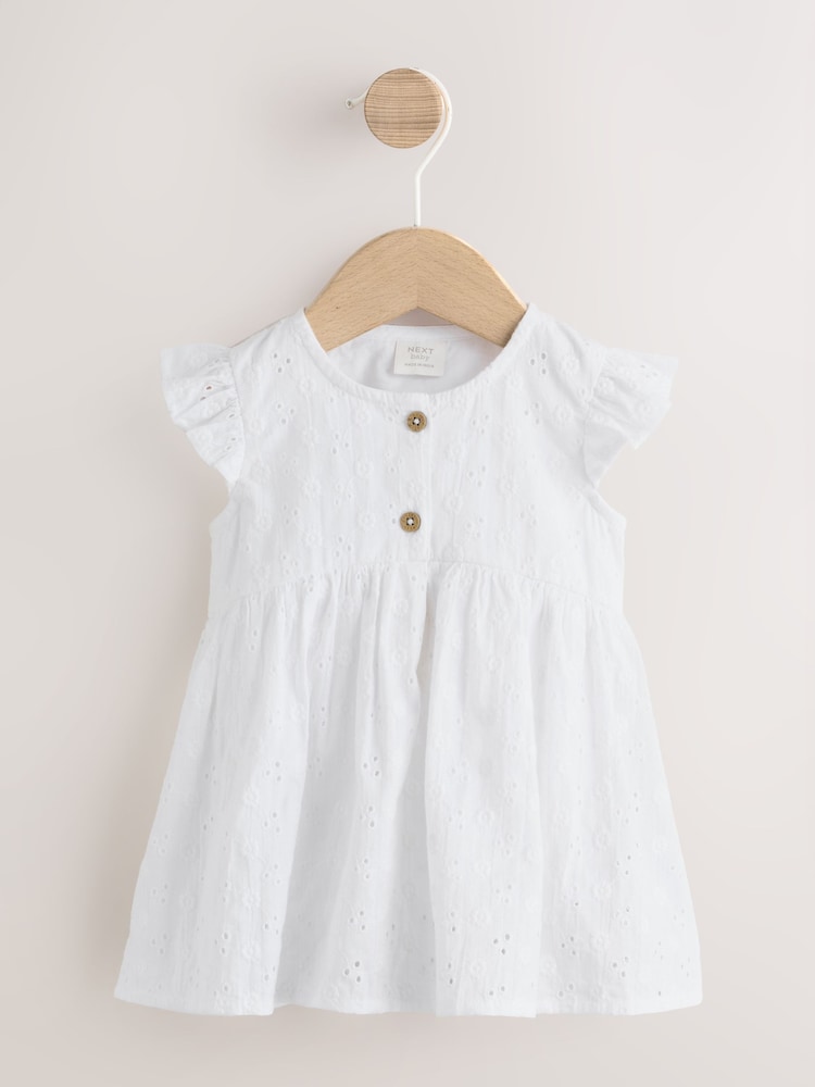 White Broiderie Woven Baby Dress With Intergrated Bodysuit (0mths-2yrs) - Image 1 of 8