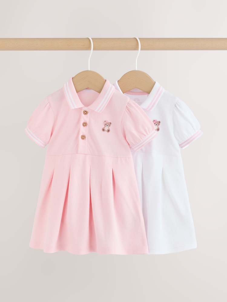 Pink White Short Sleeve Baby Dresses 2 Pack (0mths-3yrs) - Image 1 of 9