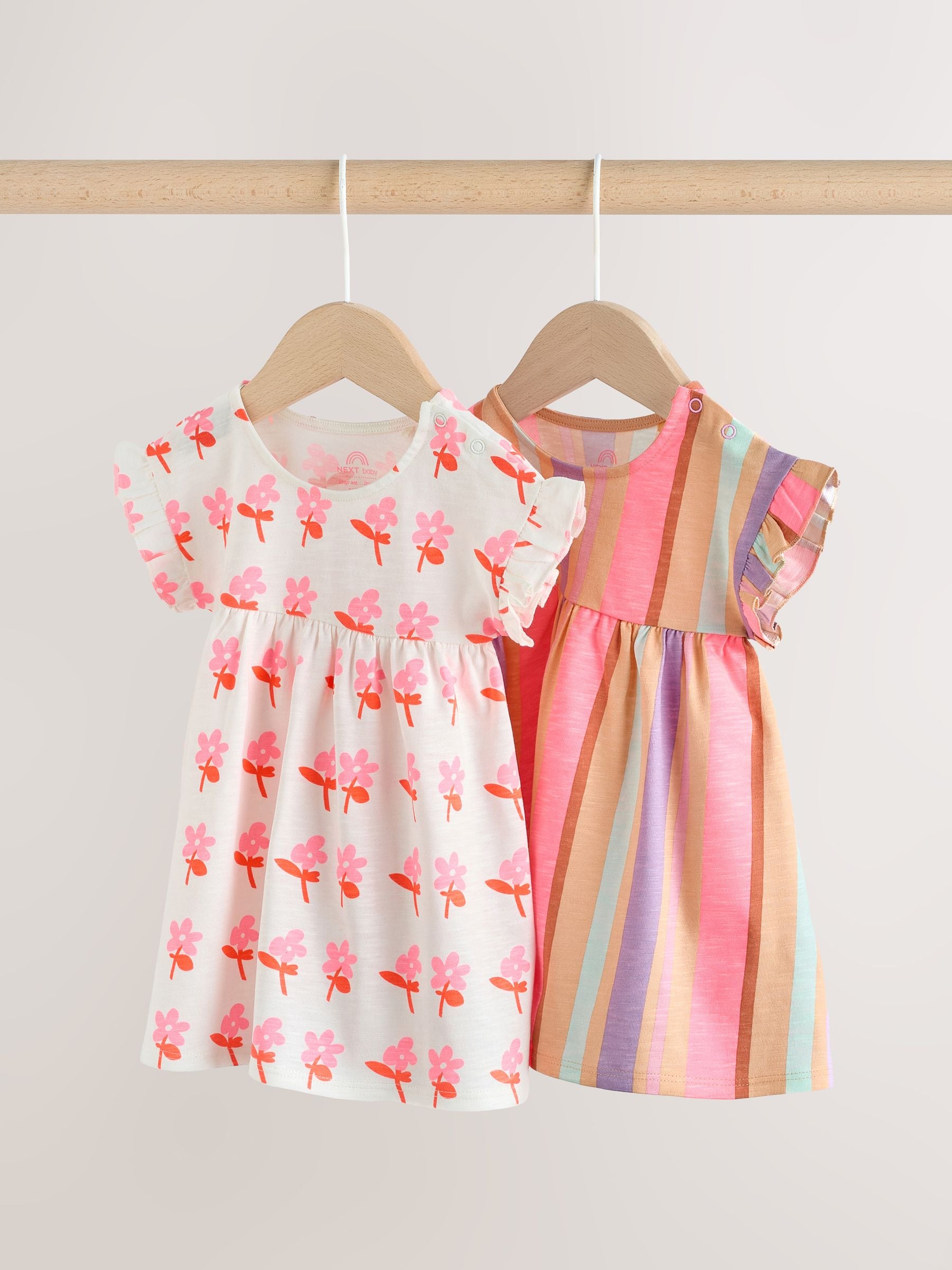 Buy White Floral/ Pink Stripe Baby Short Sleeve Dresse 2 Pack