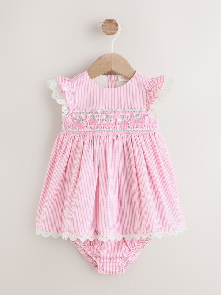 Pink Stripe Woven Baby Dress and Knickers Set 2 Piece (0mths-2yrs) - Image 1 of 9