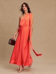 Coral Pink Textured Satin Scarf Neck Midi Dress - Image 1 of 8