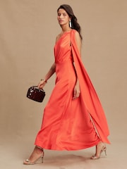 Coral Pink Textured Satin Scarf Neck Midi Dress - Image 2 of 8