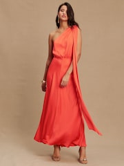 Coral Pink Textured Satin Scarf Neck Midi Dress - Image 3 of 8