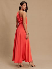Coral Pink Textured Satin Scarf Neck Midi Dress - Image 4 of 8