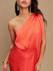 Coral Pink Textured Satin Scarf Neck Midi Dress - Image 5 of 8