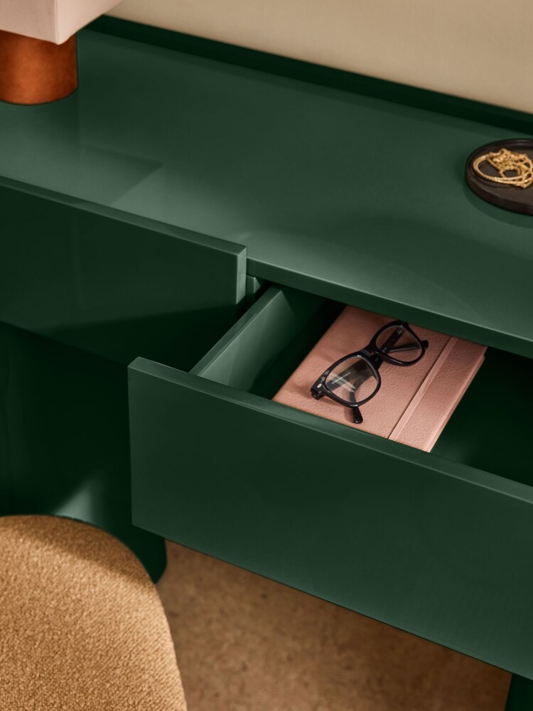 MADE.COM Dark Green Gloss Kain 2 Drawer Console Dressing Table - Image 2 of 5 MADE.COM Dark Green Gloss Kain 2 Drawer Console Dressing Table - Image 2 of 5
